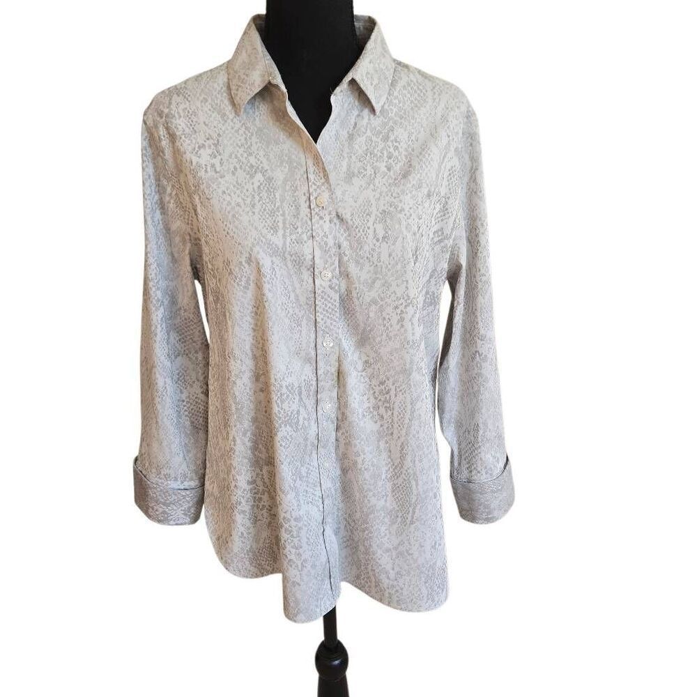 Chico's Womens No-Iron Coolmax All-Seasons Stretch Snakeskin Shirt Gray 2 Large